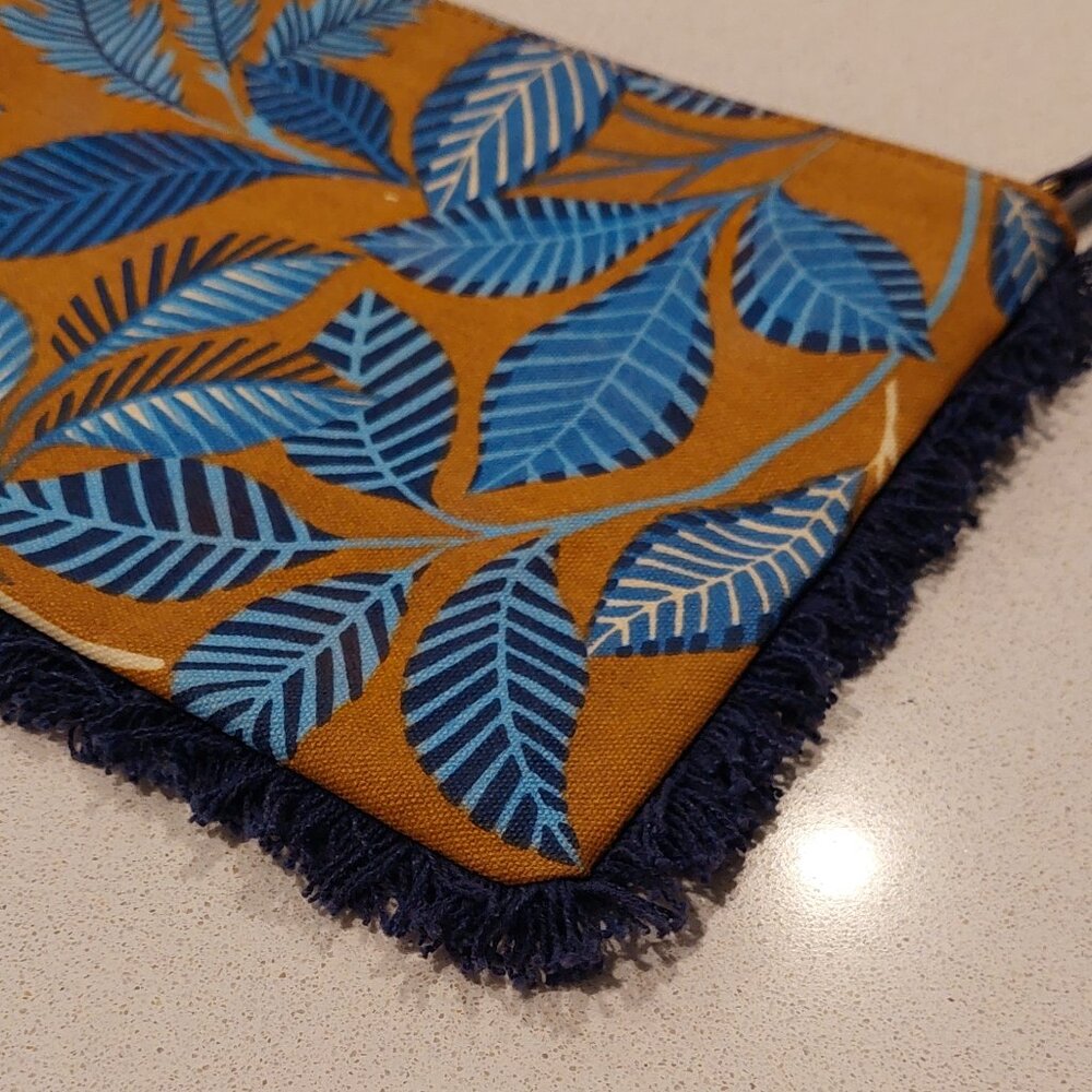 Inouitoosh Paris, France Blue Leaves Fringe Zip Pouch Case - Picture 6 of 11